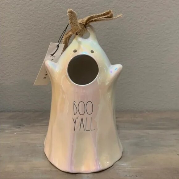 NEW Rae Dunn Boo Y'all Luster Ghost Boo Birdhouse Burlap Bow Halloween Decor NIB - Picture 3 of 3